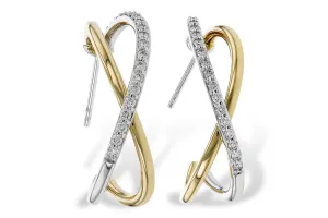 14K Yellow And White Gold Twisted Hoop Natural Diamonds Earrings