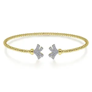 14K Yellow Gold Bujukan Split Cuff Bracelet with Diamond Pave Fan Caps