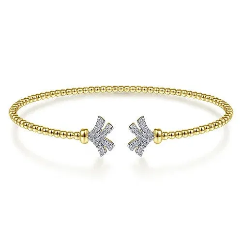 14K Yellow Gold Bujukan Split Cuff Bracelet with Diamond Pave Fan Caps