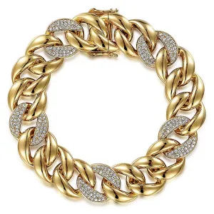 14K Yellow Gold Classic Cuban Bracelet With Pav Diamond And Plain Links