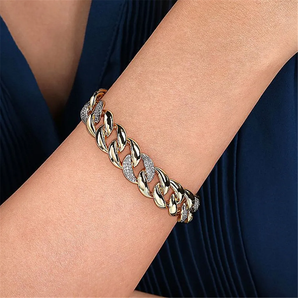 14K Yellow Gold Classic Cuban Bracelet With Pav Diamond And Plain Links