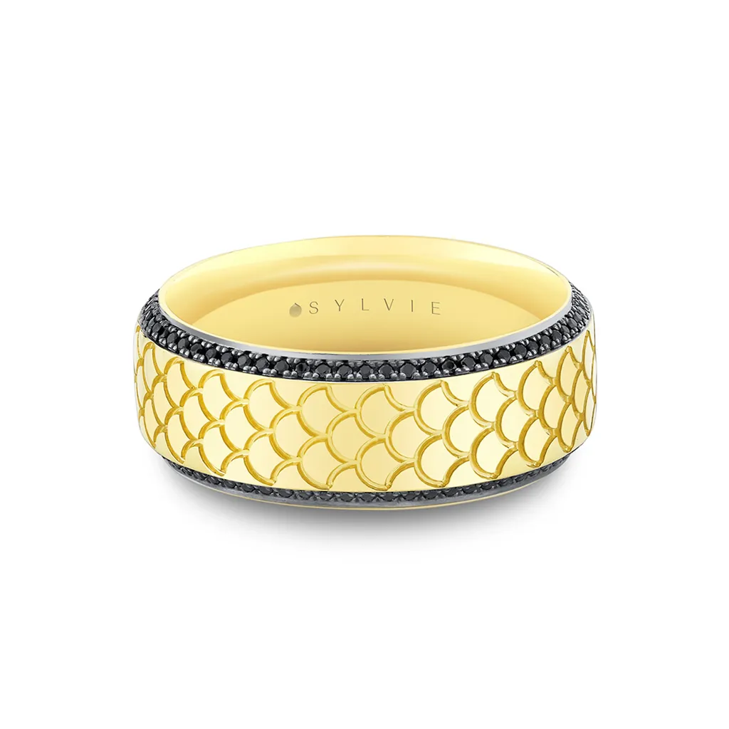 14K Yellow Gold 'Damian' Engraved Black Diamond Straight 8mm Wedding Band