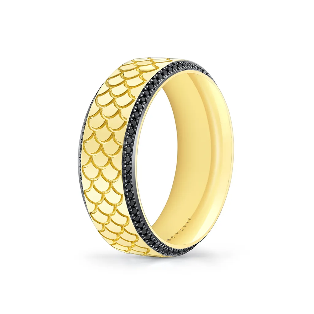 14K Yellow Gold 'Damian' Engraved Black Diamond Straight 8mm Wedding Band