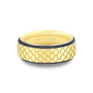 14K Yellow Gold 'Damian' Engraved Black Diamond Straight 8mm Wedding Band