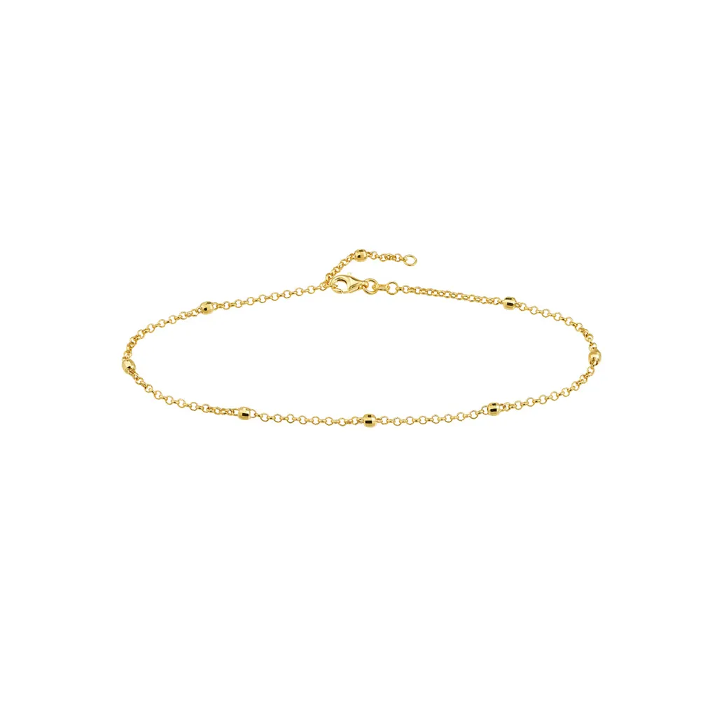 14K Yellow Gold Diamond Cut Bead Station Rolo Anklet
