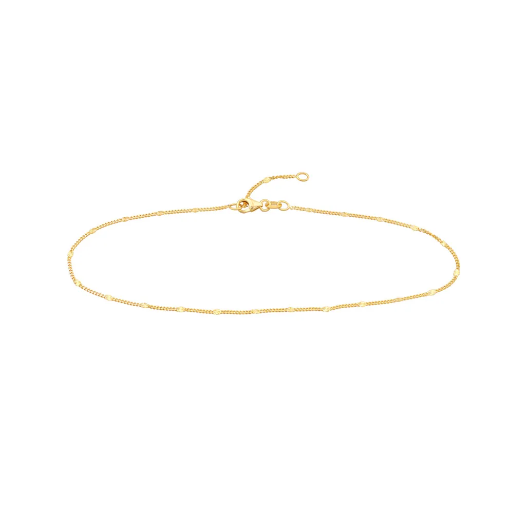 14K Yellow Gold Diamond Cut Stations On Curb Adjustable Anklet