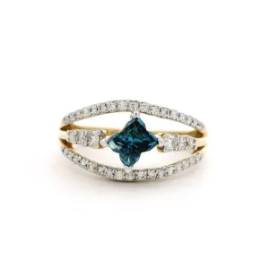 14K Yellow Gold Flower Natural Irradiated Blue Diamond Ring