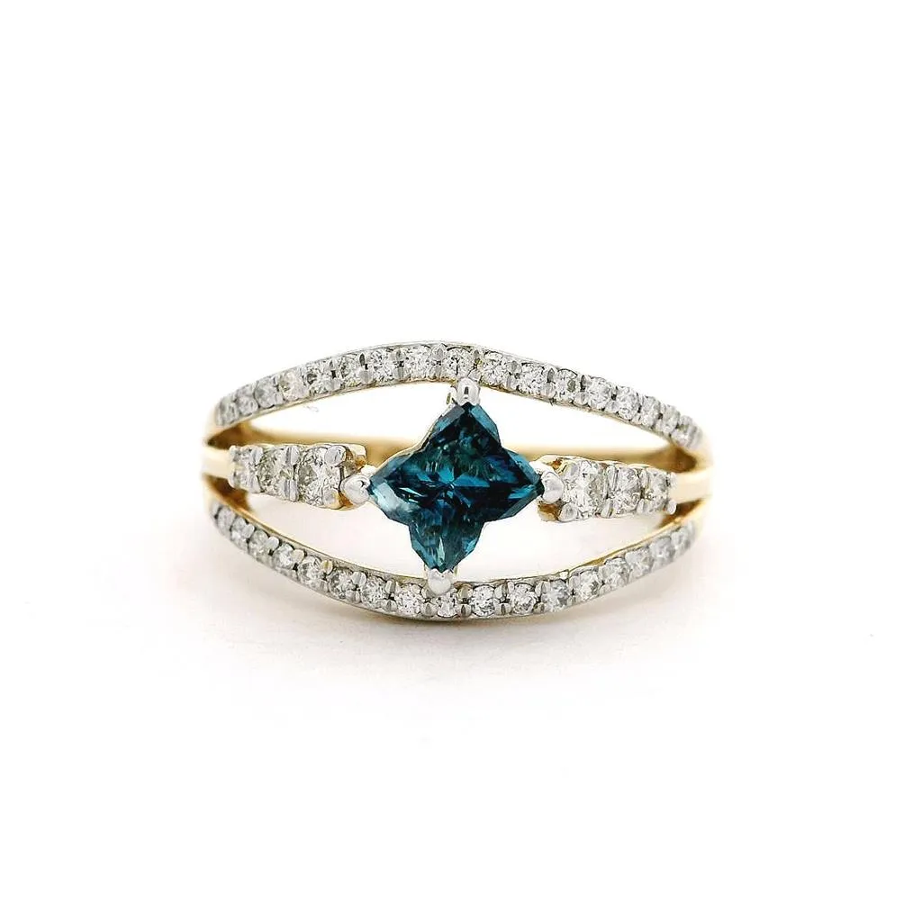 14K Yellow Gold Flower Natural Irradiated Blue Diamond Ring