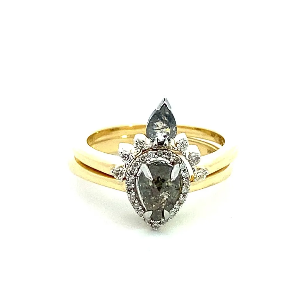14K Yellow Gold Halo Salt And Pepper Diamond Engagement Ring With Pear Center And Matching Band Set
