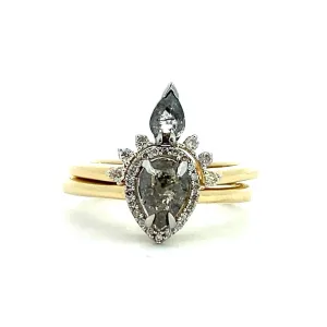 14K Yellow Gold Halo Salt And Pepper Diamond Engagement Ring With Pear Center And Matching Band Set