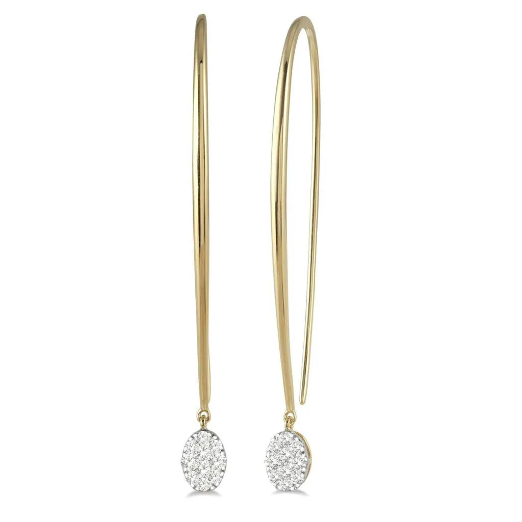 14K Yellow Gold Lovebright Oval Shape Diamond Cluster Drop Earrings