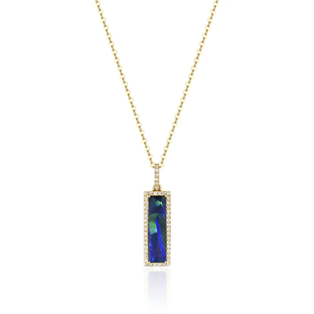 14K Yellow Gold Opal And Diamond Rectangular Drop Pendant