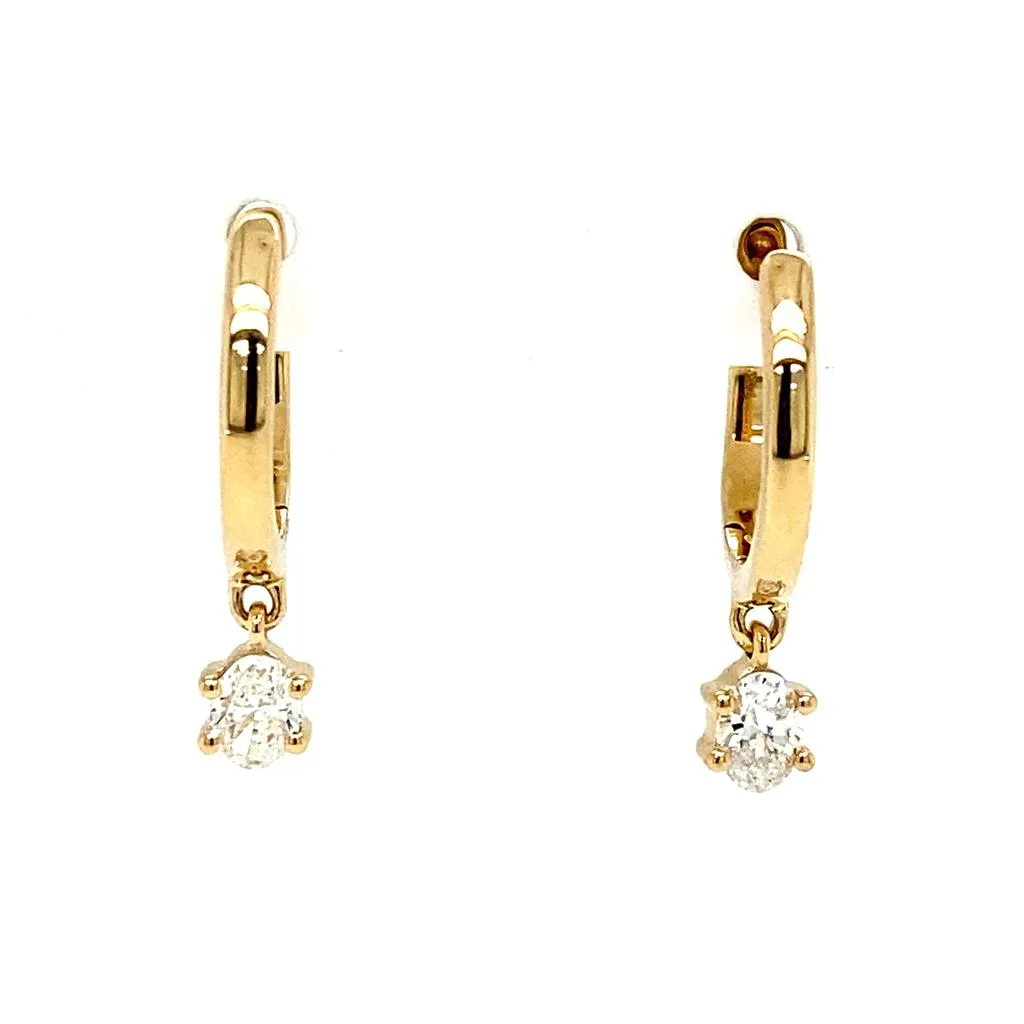14K Yellow Gold Oval Diamond Drop Huggie Earrings