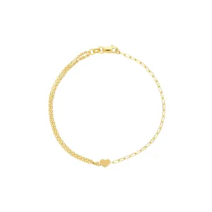 14K Yellow Gold Paperclip And Double Rolo Heart Bracelet