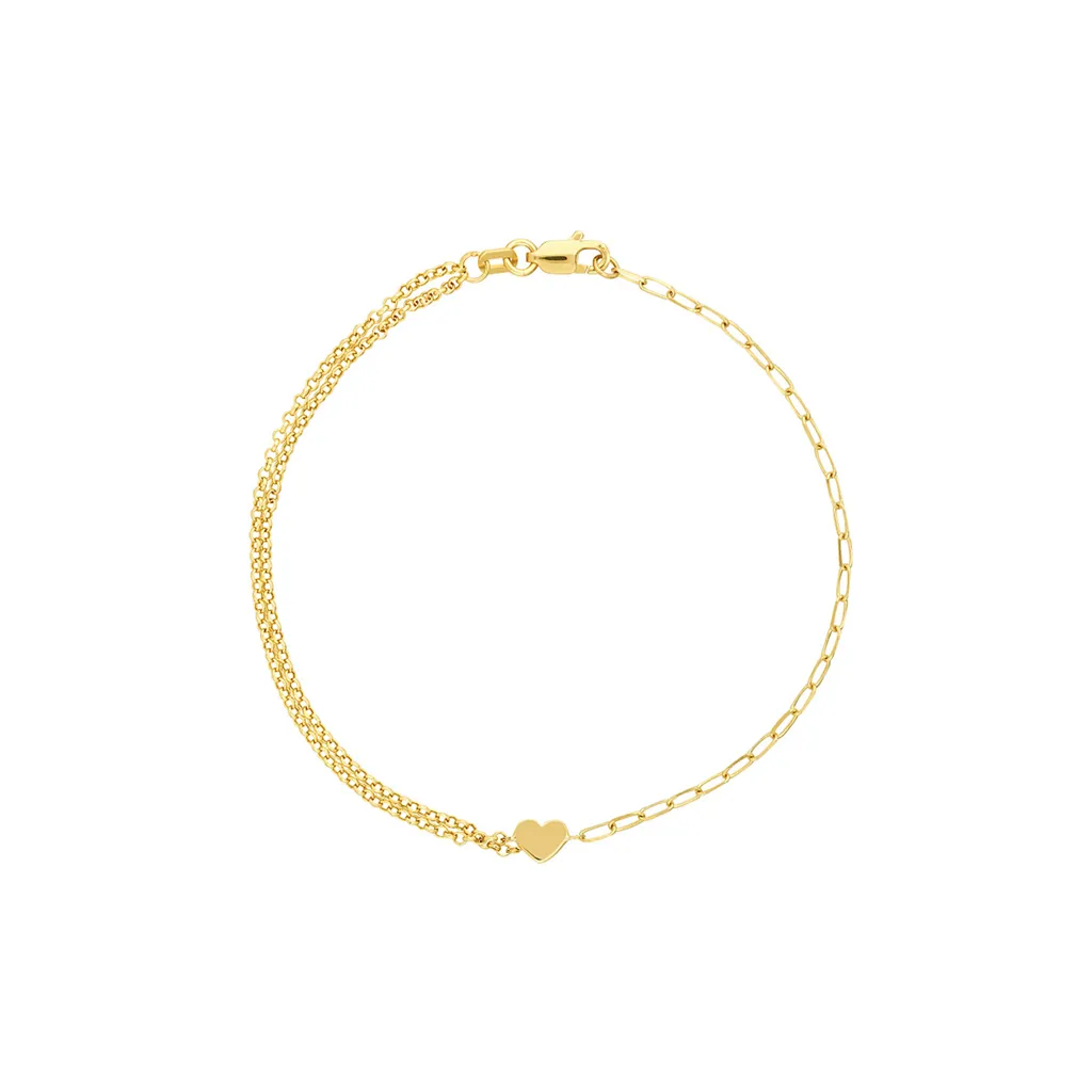 14K Yellow Gold Paperclip And Double Rolo Heart Bracelet