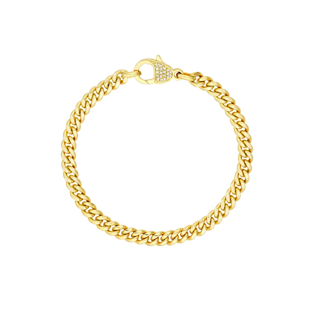 14K Yellow Gold Pav Diamond Pear Lock Curb Chain Bracelet