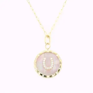 14K Yellow Gold Pink Mother Of Pearl Medallion Horseshoe Diamond Pendant