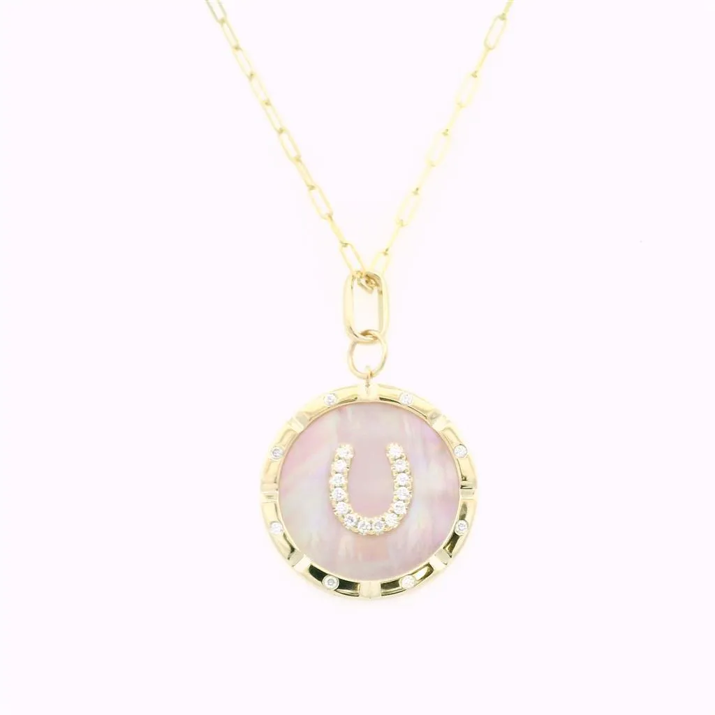 14K Yellow Gold Pink Mother Of Pearl Medallion Horseshoe Diamond Pendant