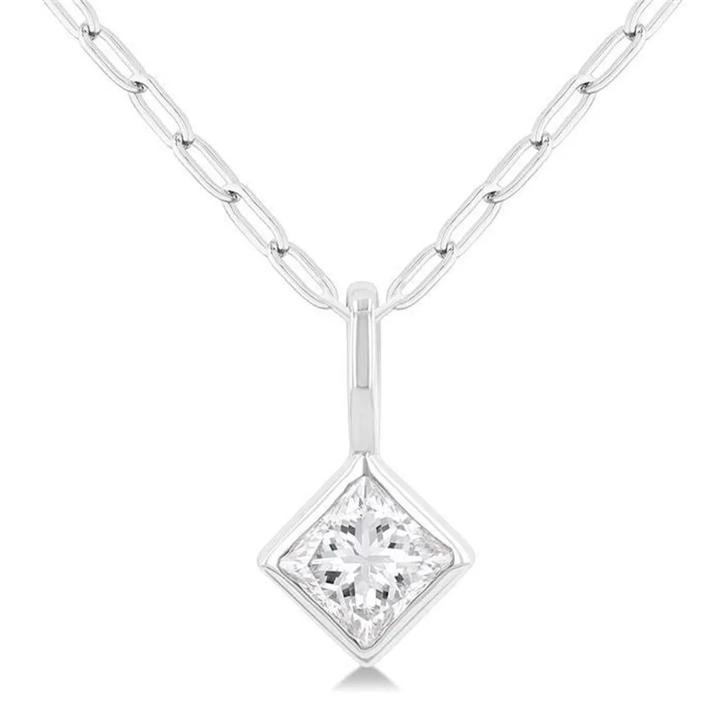 14K Yellow Gold Princess Cut Natural Diamonds Bezel Set Solitaire Pendant Necklace