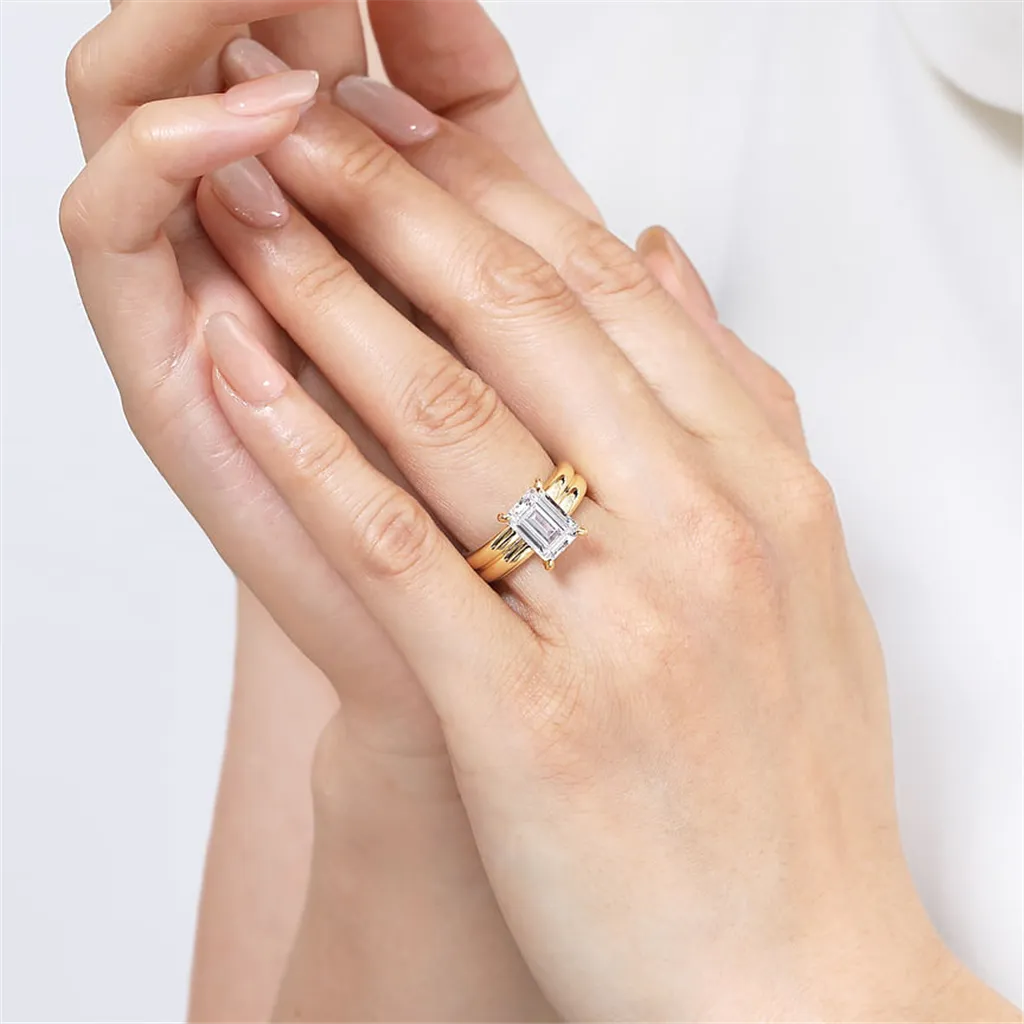14K Yellow Gold 'Robin' Wide Band Emerald Cut Natural Diamonds Engagement Ring