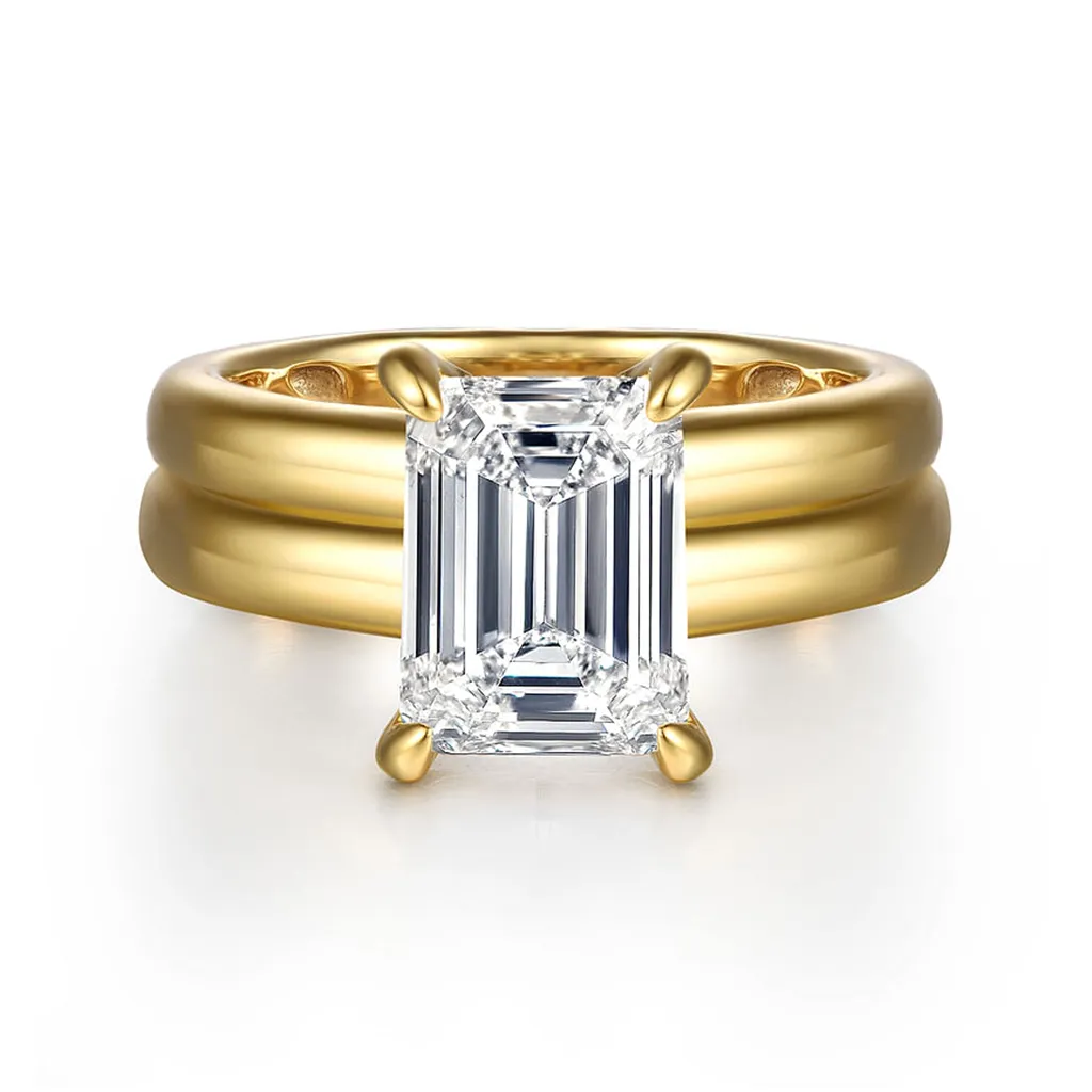 14K Yellow Gold 'Robin' Wide Band Emerald Cut Natural Diamonds Engagement Ring