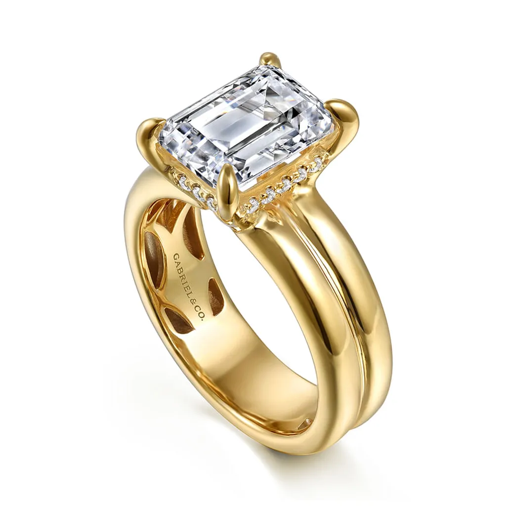 14K Yellow Gold 'Robin' Wide Band Emerald Cut Natural Diamonds Engagement Ring