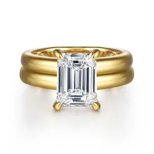 14K Yellow Gold 'Robin' Wide Band Emerald Cut Natural Diamonds Engagement Ring