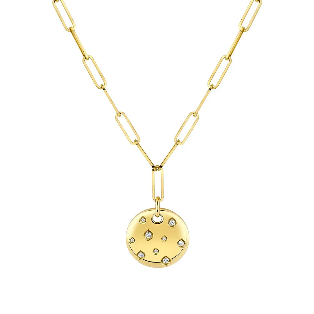 14K Yellow Gold Shell Set Medallion Natural Diamonds Contemporary Necklace