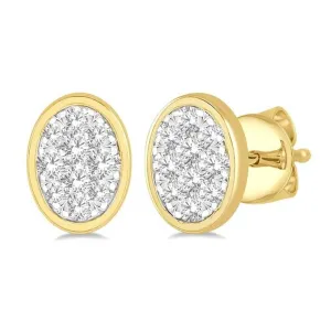 14K Yellow Gold Stud Diamond Pav Cluster Oval Earring