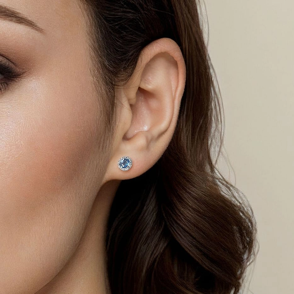14K White Gold Diamond Halo Swiss Blue Topaz Stud Earrings