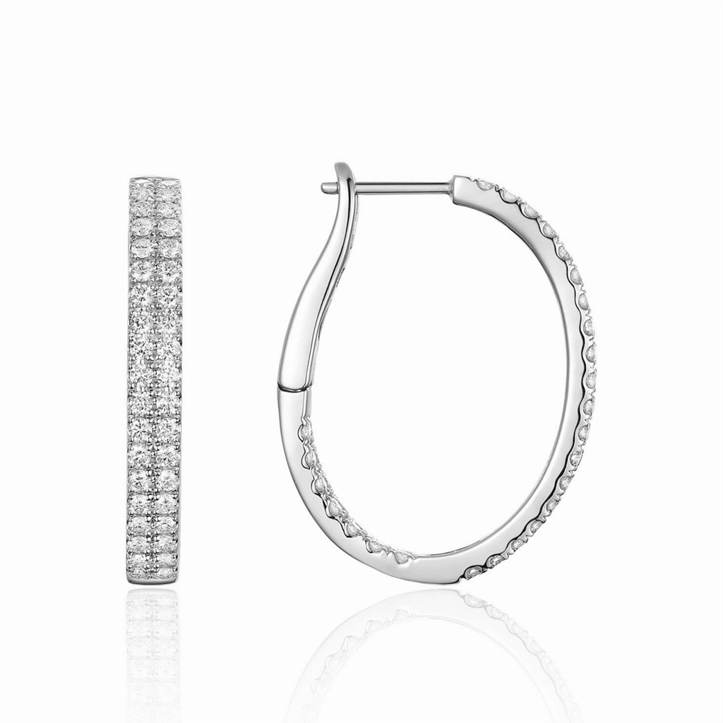 14K White Gold Double Row Diamond Hoop Earrings