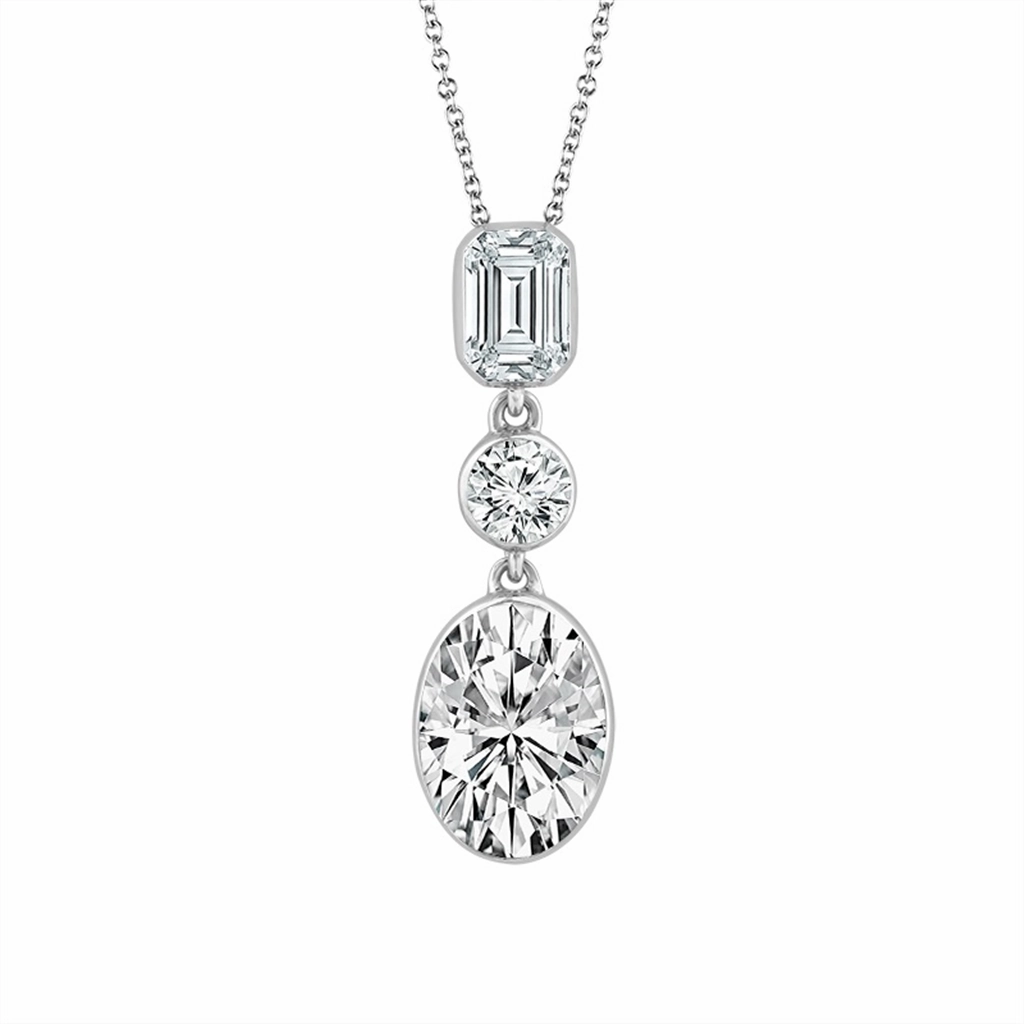 14K White Gold Lab Grown 3 Stone Drop Pendant Necklace