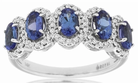 14K White Gold Oval Tanzanites Five Stone Diamond Halo Ring
