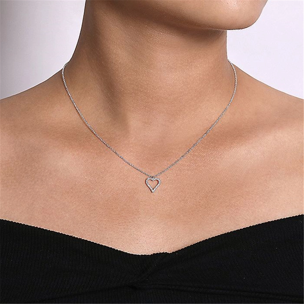 14K White Gold Pav Diamond Open Heart Necklace