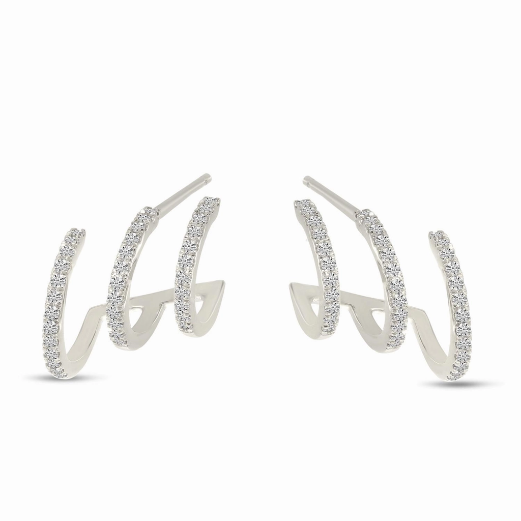 14K White Gold Triple Huggie Natural Diamonds Earrings