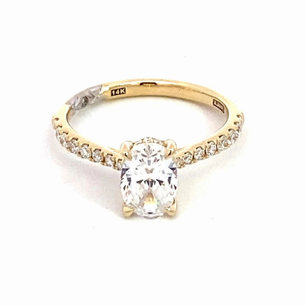14K Yellow And White Gold Hidden Halo Oval Natural Diamonds Engagement Ring