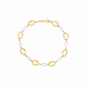 14K Yellow And White Gold Puffed And Diamond Cut Oval Link Bracelet