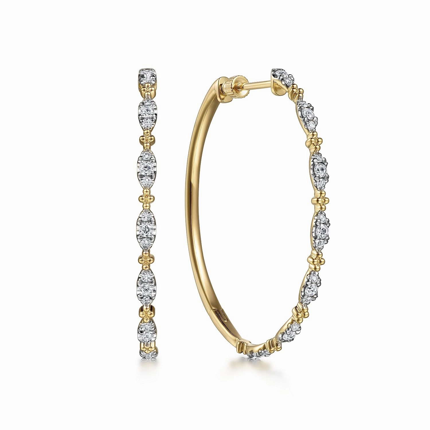14K Yellow Gold 40mm Diamond Station Intricate Hoop Earrings