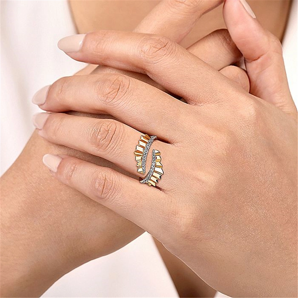 14K Yellow Gold Diamond Bypass Ring With Diamond Cut Texture