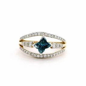 14K Yellow Gold Flower Natural Irradiated Blue Diamond Ring