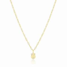 14K Yellow Gold Overlay White Zircon Pave Lock Charm Necklace