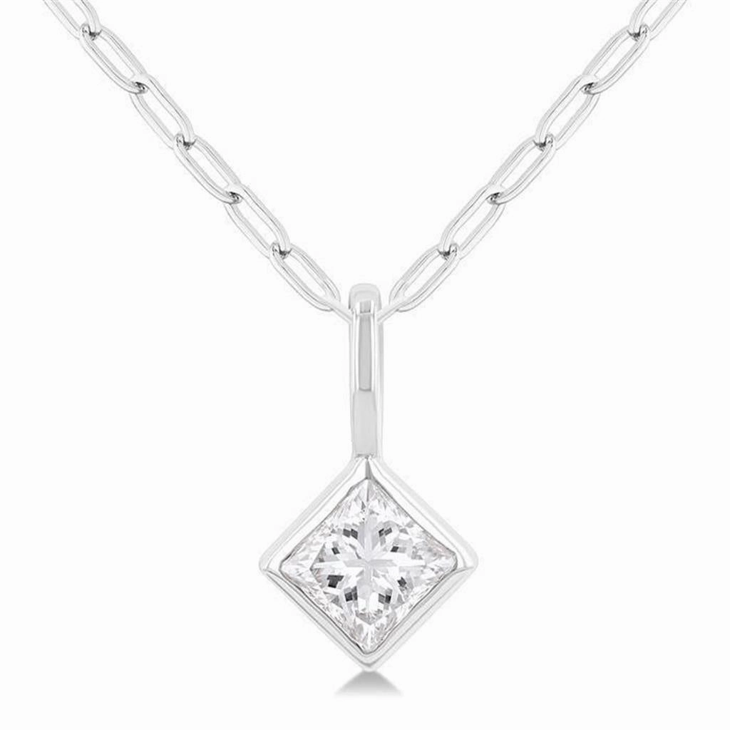 14K Yellow Gold Princess Cut Natural Diamonds Bezel Set Solitaire Pendant Necklace
