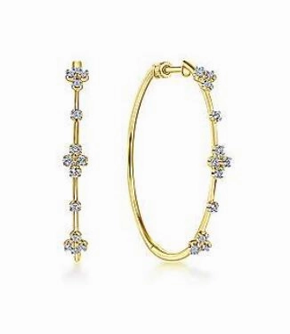 14K Yellow Gold Prong Set 40mm Round Classic Diamond Hoop Earrings