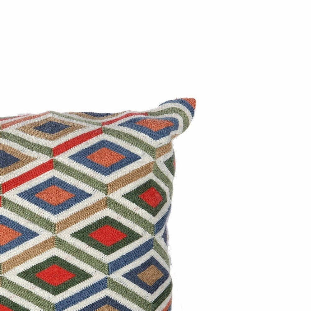 18 X 18 Inch Cotton Pillow with Geometric Embroidery, Set of 2, Multicolor
