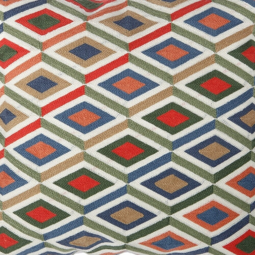 18 X 18 Inch Cotton Pillow with Geometric Embroidery, Set of 2, Multicolor