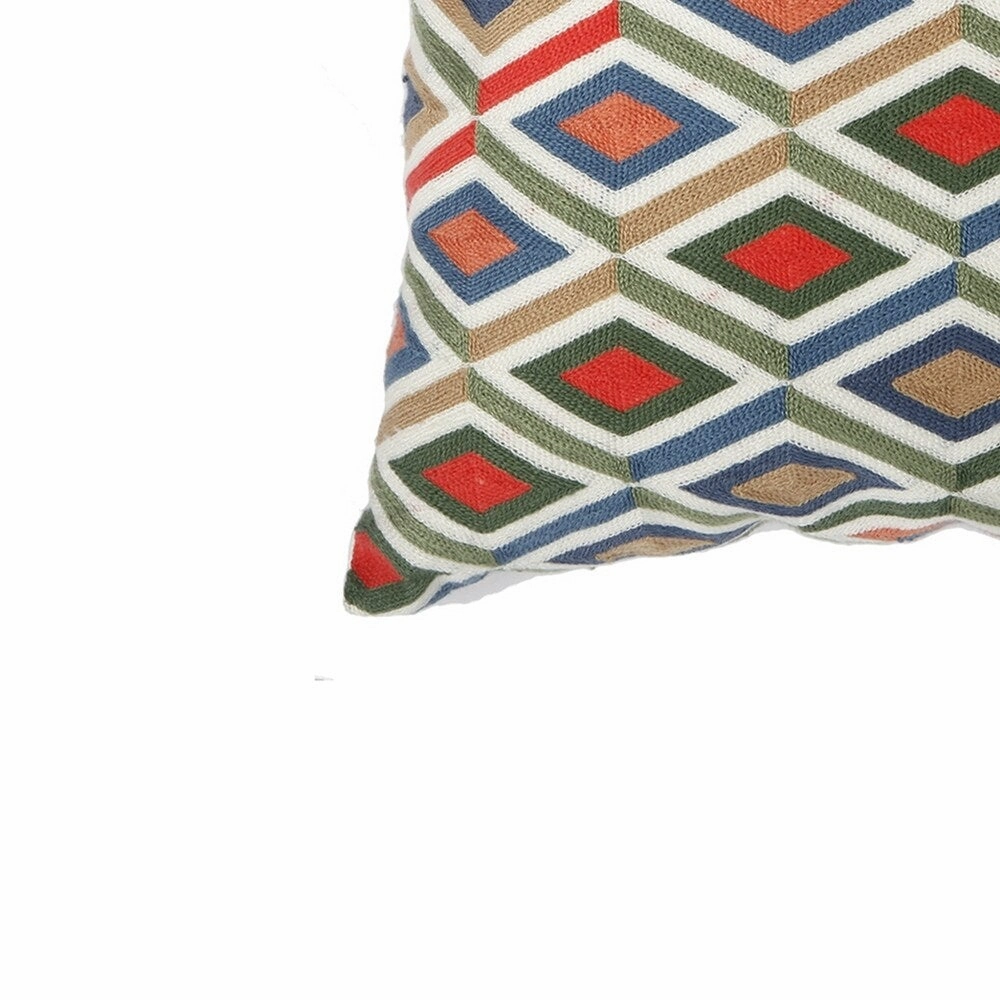 18 X 18 Inch Cotton Pillow with Geometric Embroidery, Set of 2, Multicolor