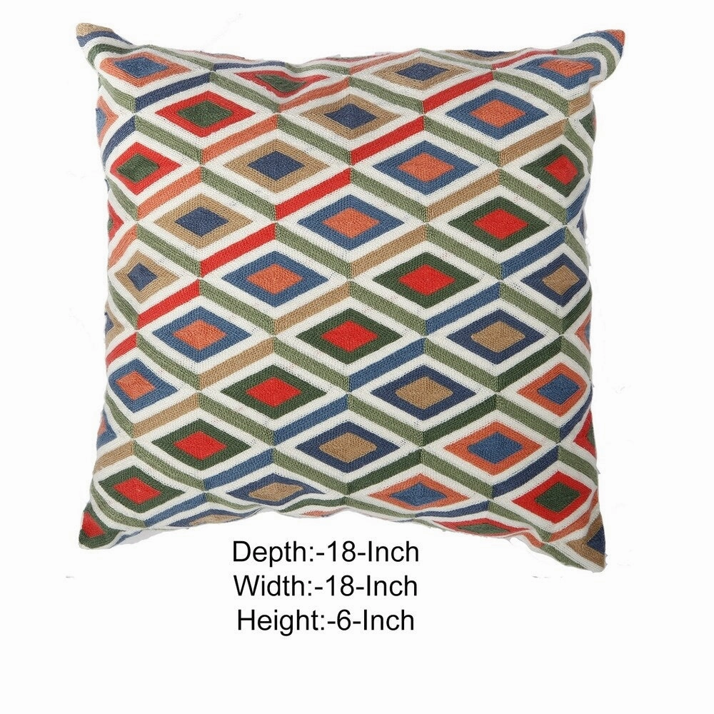 18 X 18 Inch Cotton Pillow with Geometric Embroidery, Set of 2, Multicolor