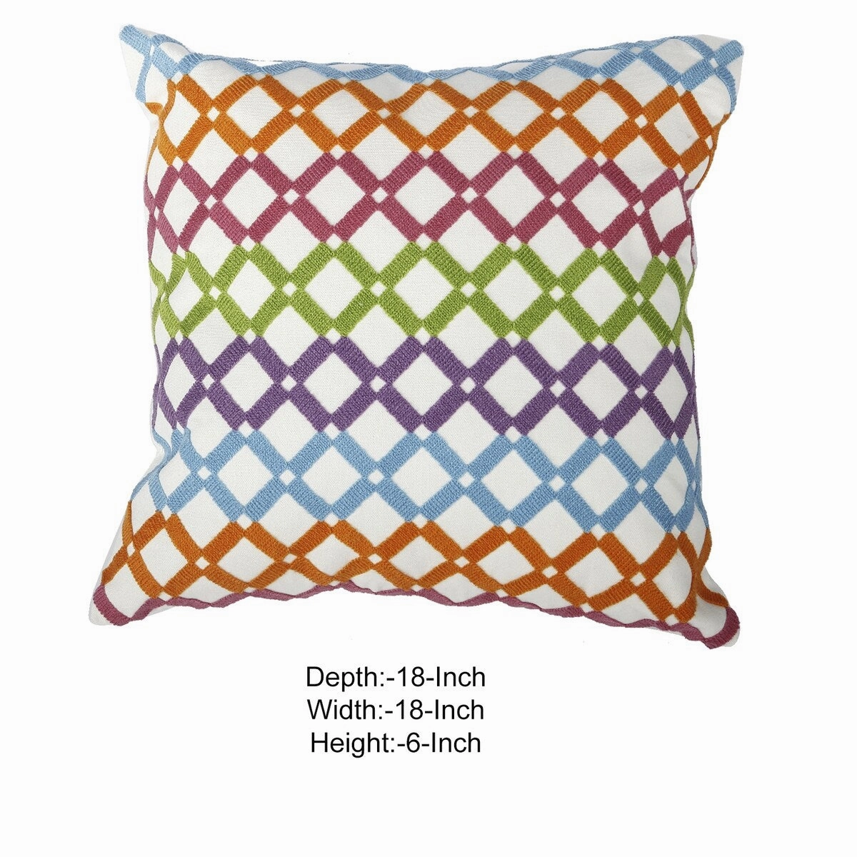18 X 18 Inch Cotton Pillow with Lattice Embroidery, Set of 2, Multicolor