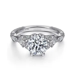 18K White Gold 'Indira' Vintage Inspiration Round Diamond Engagement Ring