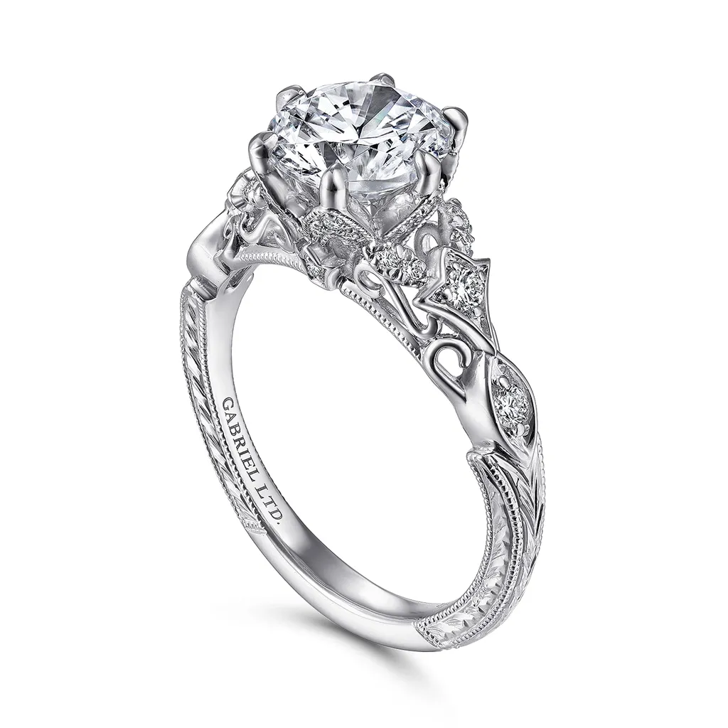 18K White Gold 'Indira' Vintage Inspiration Round Diamond Engagement Ring
